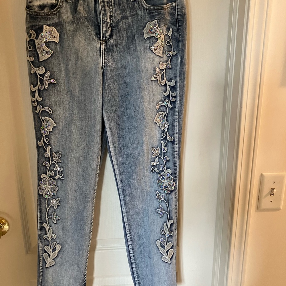 Midnight Velvet Blue Skinny Jeans with Ornate Embellishments
